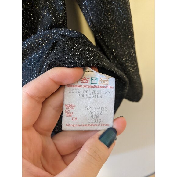 VINTAGE 90s Dyna Black Sparkle Knit Collared 3/4 Sleeve Top Party Glitter Sz M - Picture 7 of 7